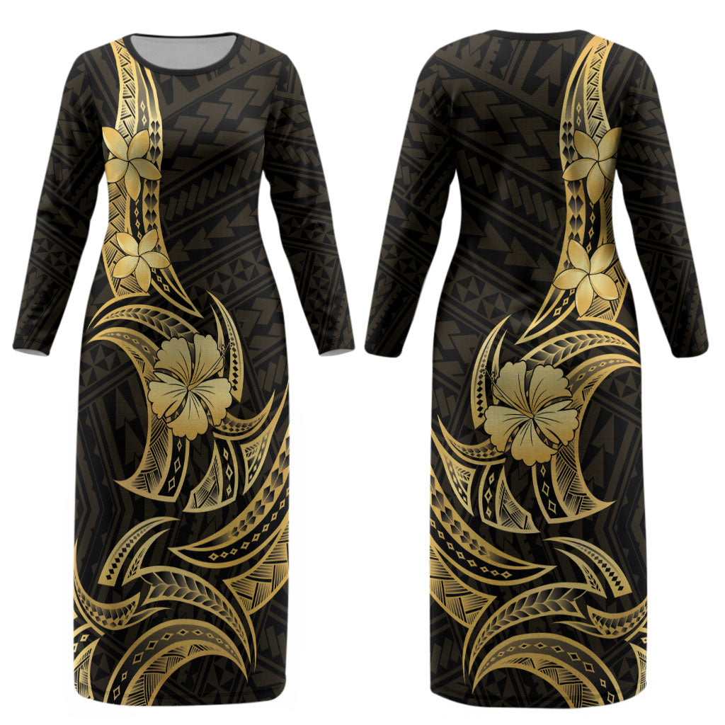 Gold Black Polynesia Hibiscus Plumeria Tattoo Couples Matching Long Sleeve Bodycon Dress and Hawaiian Shirt