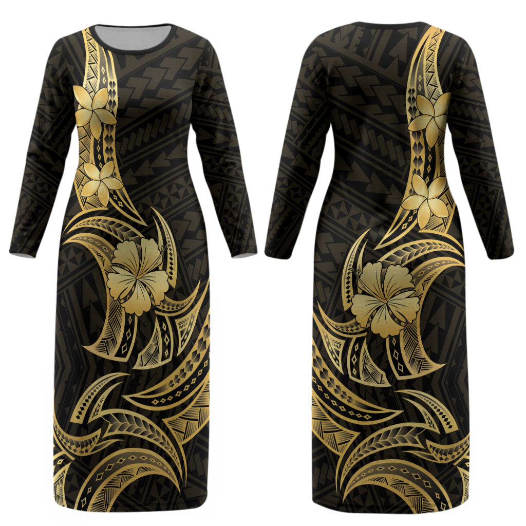 Gold Black Polynesia Hibiscus Plumeria Tattoo Couples Matching Long Sleeve Bodycon Dress and Long Sleeve Button Shirt