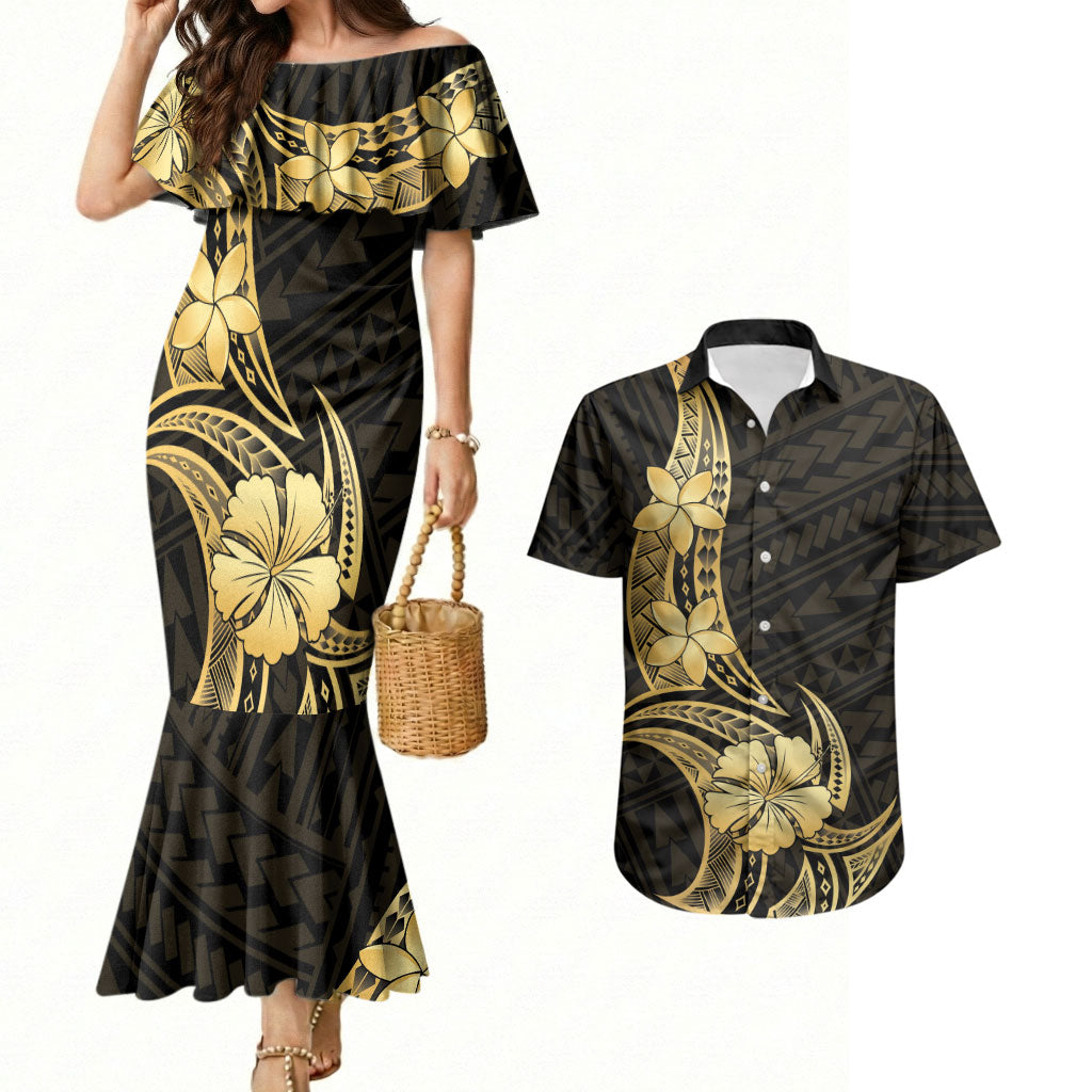 Gold Black Polynesia Hibiscus Plumeria Tattoo Couples Matching Mermaid Dress and Hawaiian Shirt