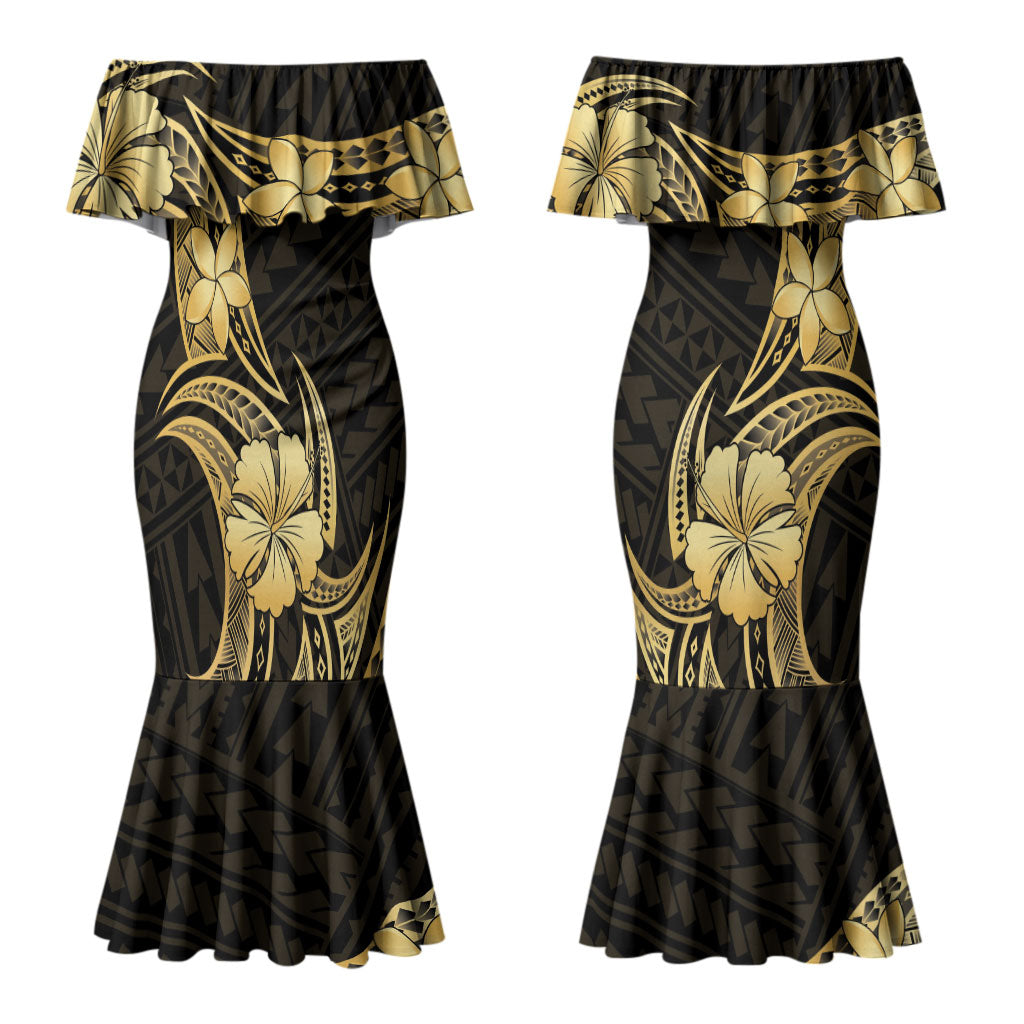 Gold Black Polynesia Hibiscus Plumeria Tattoo Couples Matching Mermaid Dress and Hawaiian Shirt