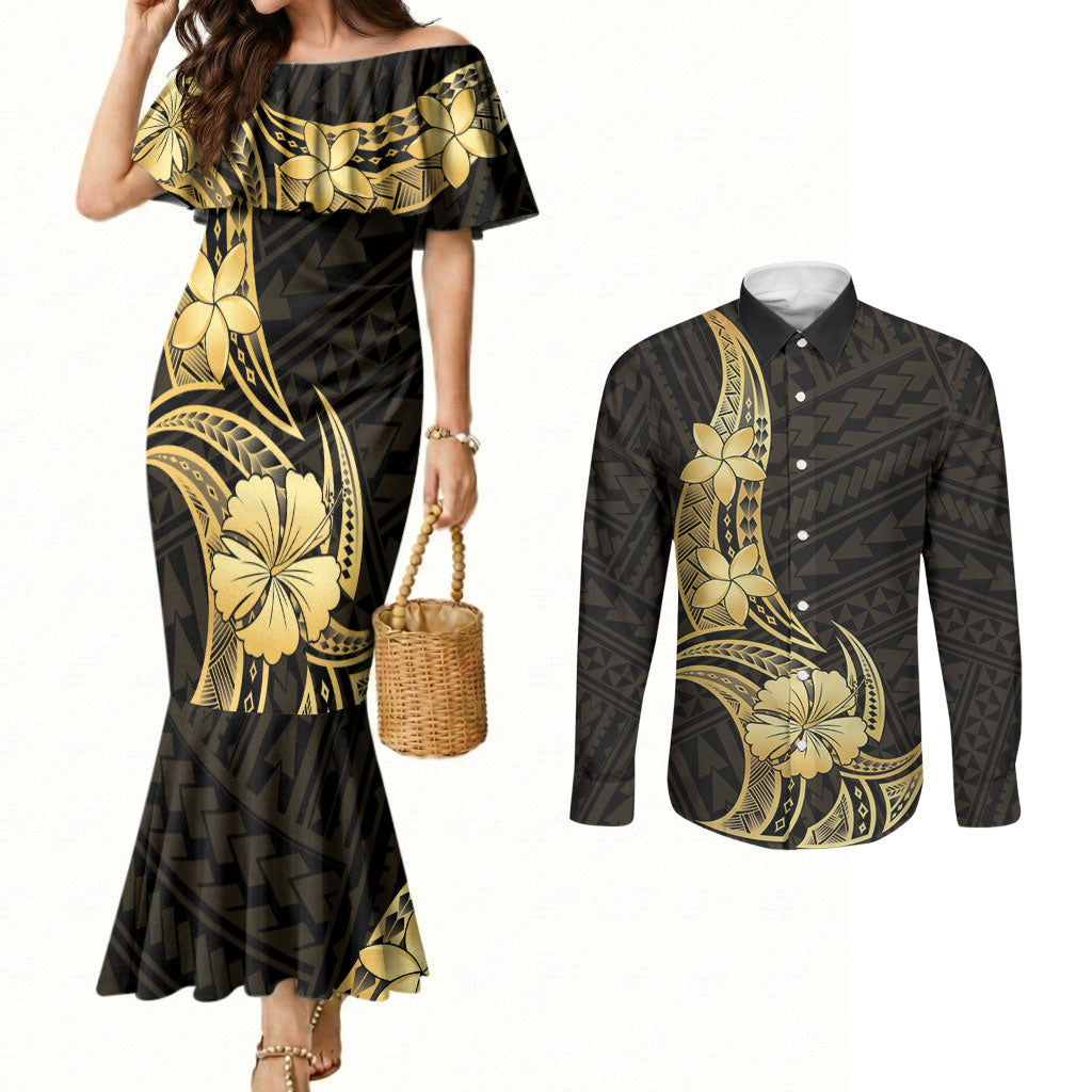 Gold Black Polynesia Hibiscus Plumeria Tattoo Couples Matching Mermaid Dress and Long Sleeve Button Shirt