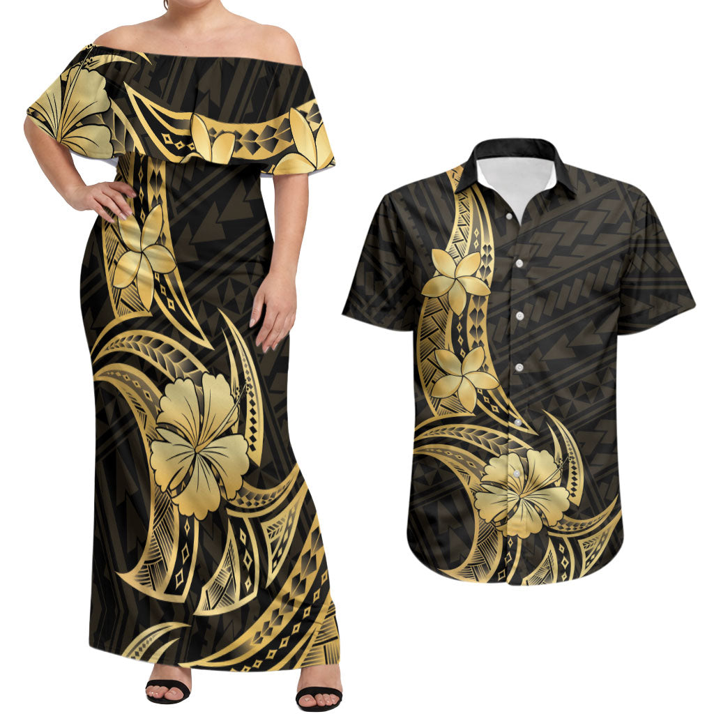 Gold Black Polynesia Hibiscus Plumeria Tattoo Couples Matching Off Shoulder Maxi Dress and Hawaiian Shirt