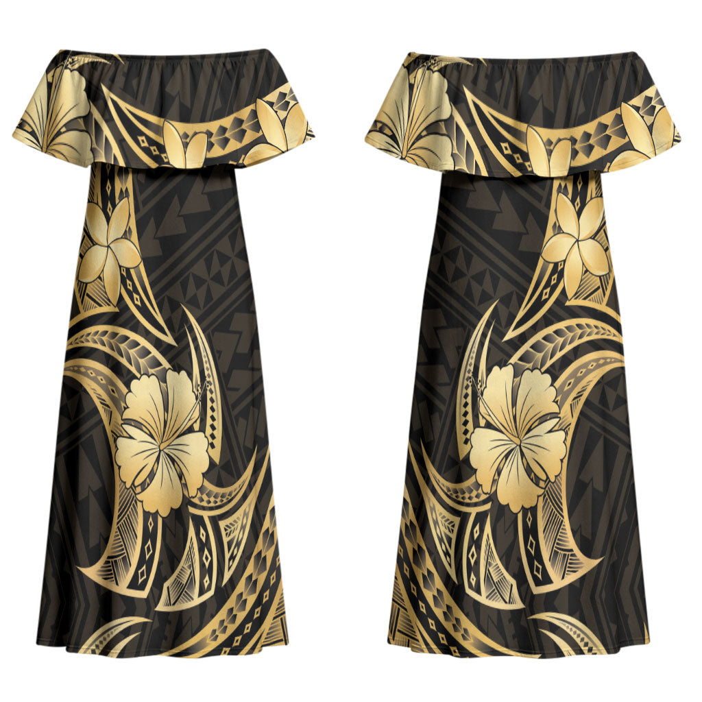 Gold Black Polynesia Hibiscus Plumeria Tattoo Couples Matching Off Shoulder Maxi Dress and Hawaiian Shirt