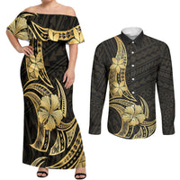 Gold Black Polynesia Hibiscus Plumeria Tattoo Couples Matching Off Shoulder Maxi Dress and Long Sleeve Button Shirt