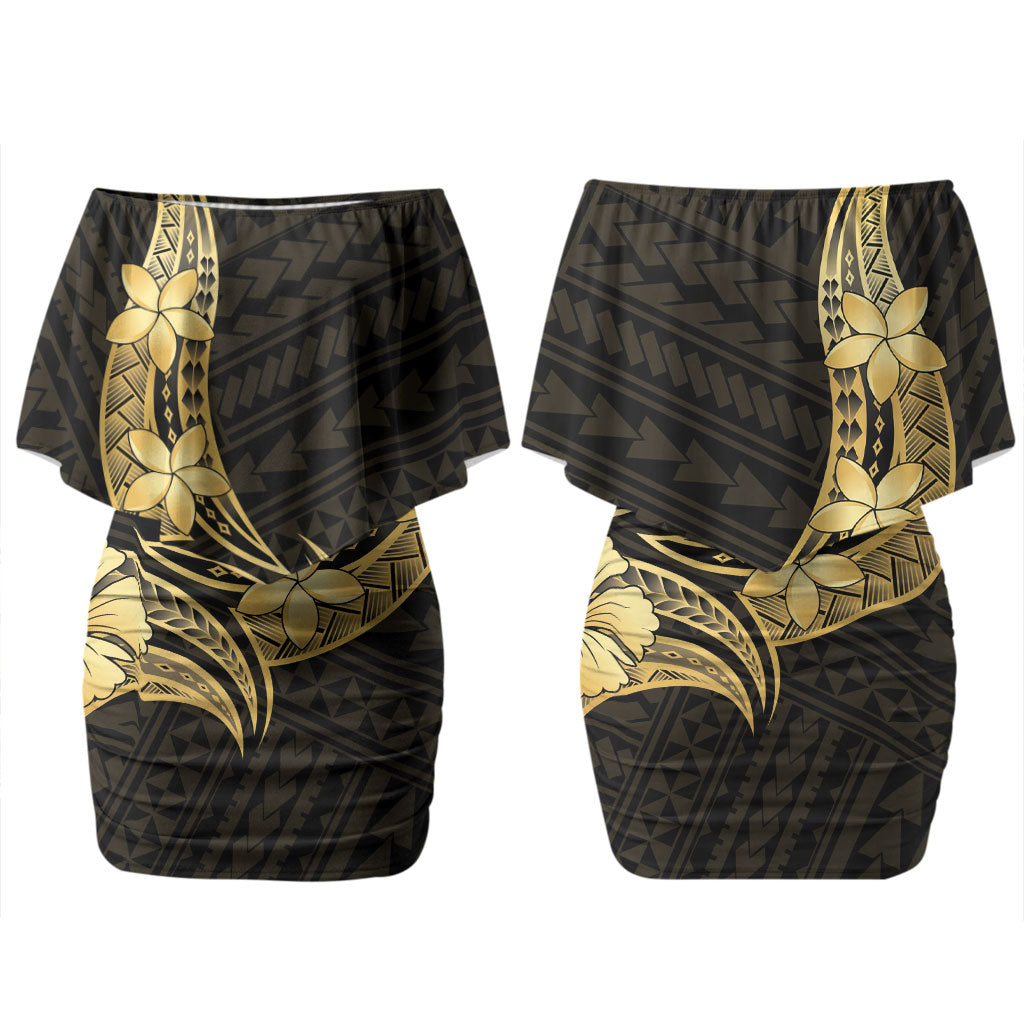 Gold Black Polynesia Hibiscus Plumeria Tattoo Couples Matching Off Shoulder Short Dress and Hawaiian Shirt