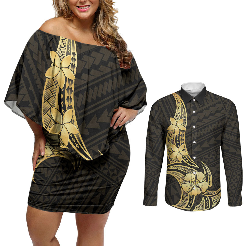 Gold Black Polynesia Hibiscus Plumeria Tattoo Couples Matching Off Shoulder Short Dress and Long Sleeve Button Shirt