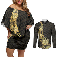 Gold Black Polynesia Hibiscus Plumeria Tattoo Couples Matching Off Shoulder Short Dress and Long Sleeve Button Shirt