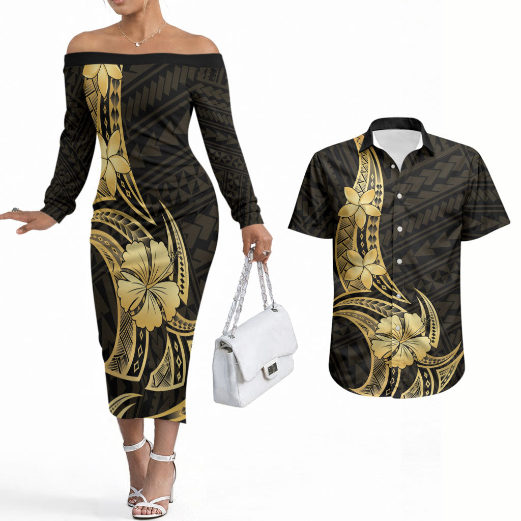 Gold Black Polynesia Hibiscus Plumeria Tattoo Couples Matching Off The Shoulder Long Sleeve Dress and Hawaiian Shirt LT14 Black - Polynesian Pride