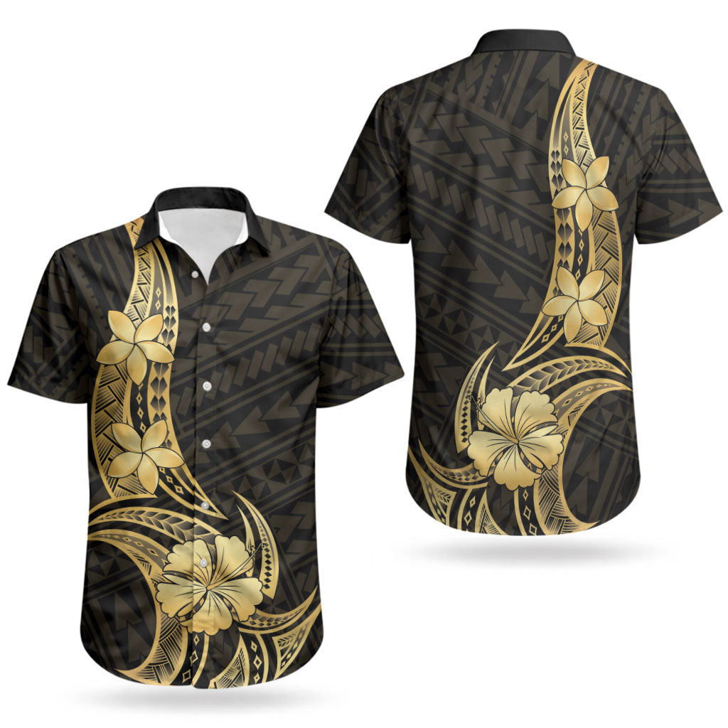 Gold Black Polynesia Hibiscus Plumeria Tattoo Couples Matching Off The Shoulder Long Sleeve Dress and Hawaiian Shirt