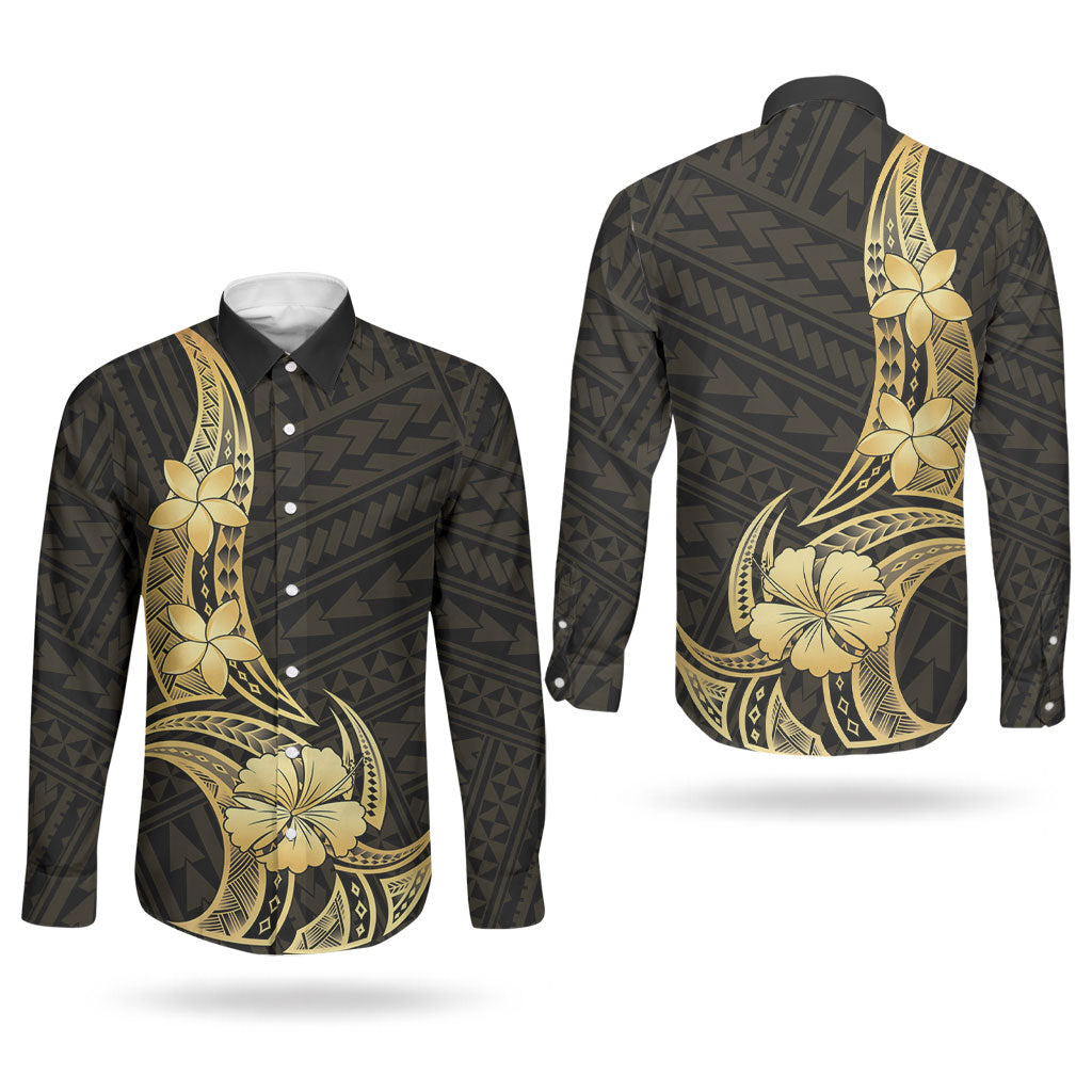 Gold Black Polynesia Hibiscus Plumeria Tattoo Couples Matching Off The Shoulder Long Sleeve Dress and Long Sleeve Button Shirt