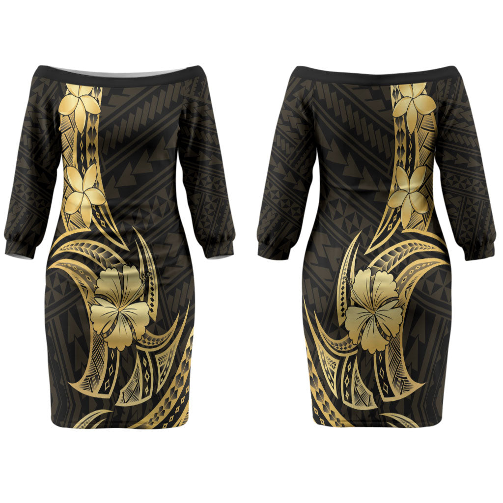 Gold Black Polynesia Hibiscus Plumeria Tattoo Couples Matching Off The Shoulder Long Sleeve Dress and Long Sleeve Button Shirt