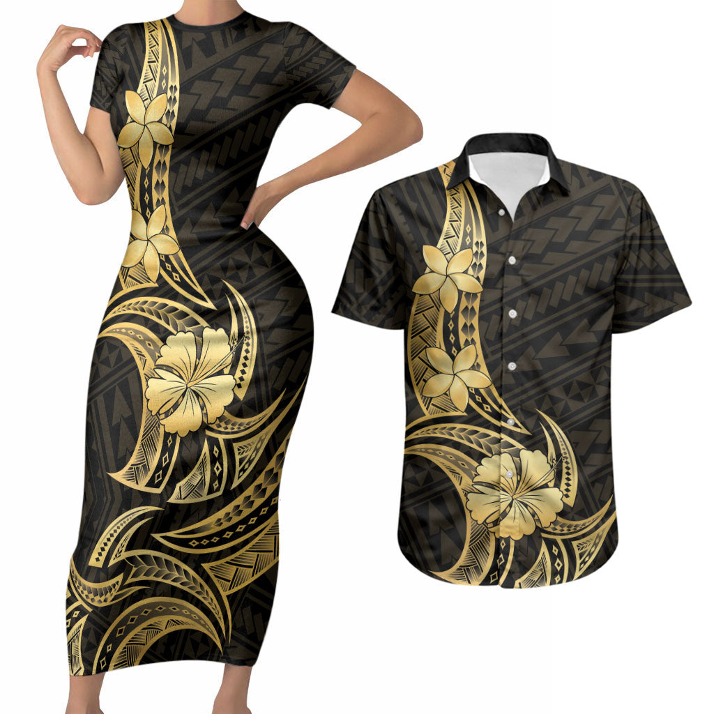 Gold Black Polynesia Hibiscus Plumeria Tattoo Couples Matching Short Sleeve Bodycon Dress and Hawaiian Shirt