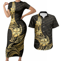 Gold Black Polynesia Hibiscus Plumeria Tattoo Couples Matching Short Sleeve Bodycon Dress and Hawaiian Shirt
