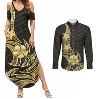 Gold Black Polynesia Hibiscus Plumeria Tattoo Couples Matching Summer Maxi Dress and Long Sleeve Button Shirt