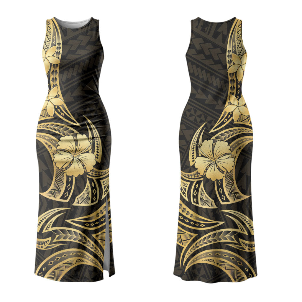 Gold Black Polynesia Hibiscus Plumeria Tattoo Couples Matching Tank Maxi Dress and Long Sleeve Button Shirt
