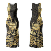 Gold Black Polynesia Hibiscus Plumeria Tattoo Couples Matching Tank Maxi Dress and Long Sleeve Button Shirt