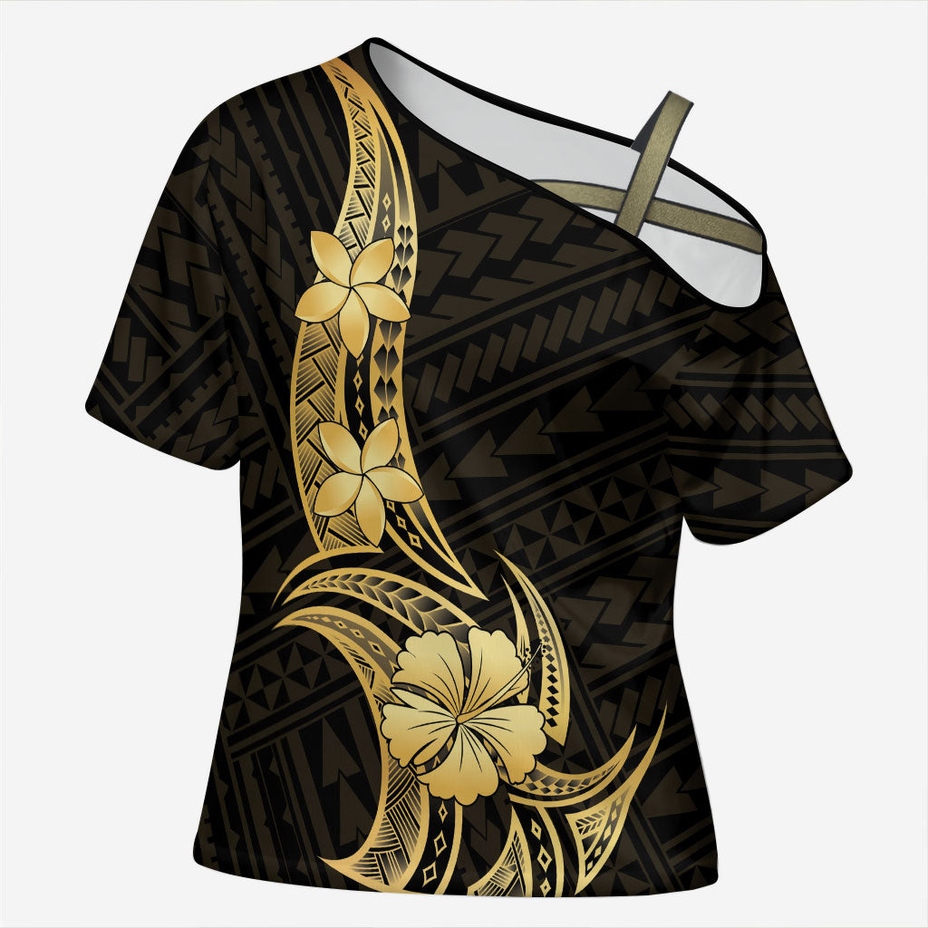 Gold Black Polynesia Hibiscus Plumeria Tattoo Cross Shoulder Shirt