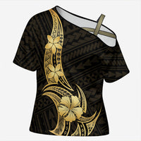 Gold Black Polynesia Hibiscus Plumeria Tattoo Cross Shoulder Shirt