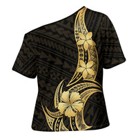Gold Black Polynesia Hibiscus Plumeria Tattoo Cross Shoulder Shirt