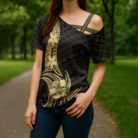 Gold Black Polynesia Hibiscus Plumeria Tattoo Cross Shoulder Shirt