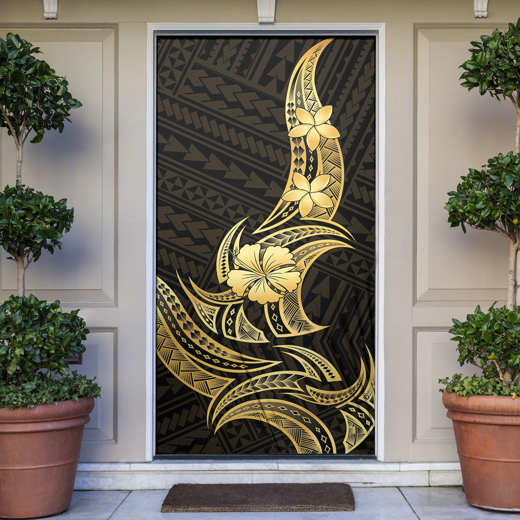 Gold Black Polynesia Hibiscus Plumeria Tattoo Door Cover