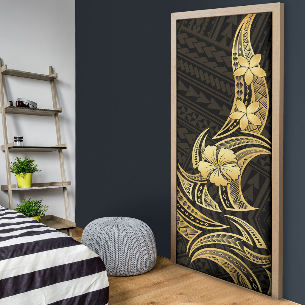 Gold Black Polynesia Hibiscus Plumeria Tattoo Door Cover