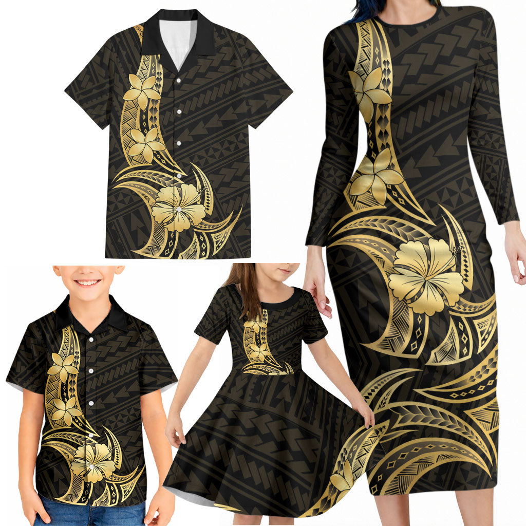 Gold Black Polynesia Hibiscus Plumeria Tattoo Family Matching Long Sleeve Bodycon Dress and Hawaiian Shirt LT14 - Polynesian Pride