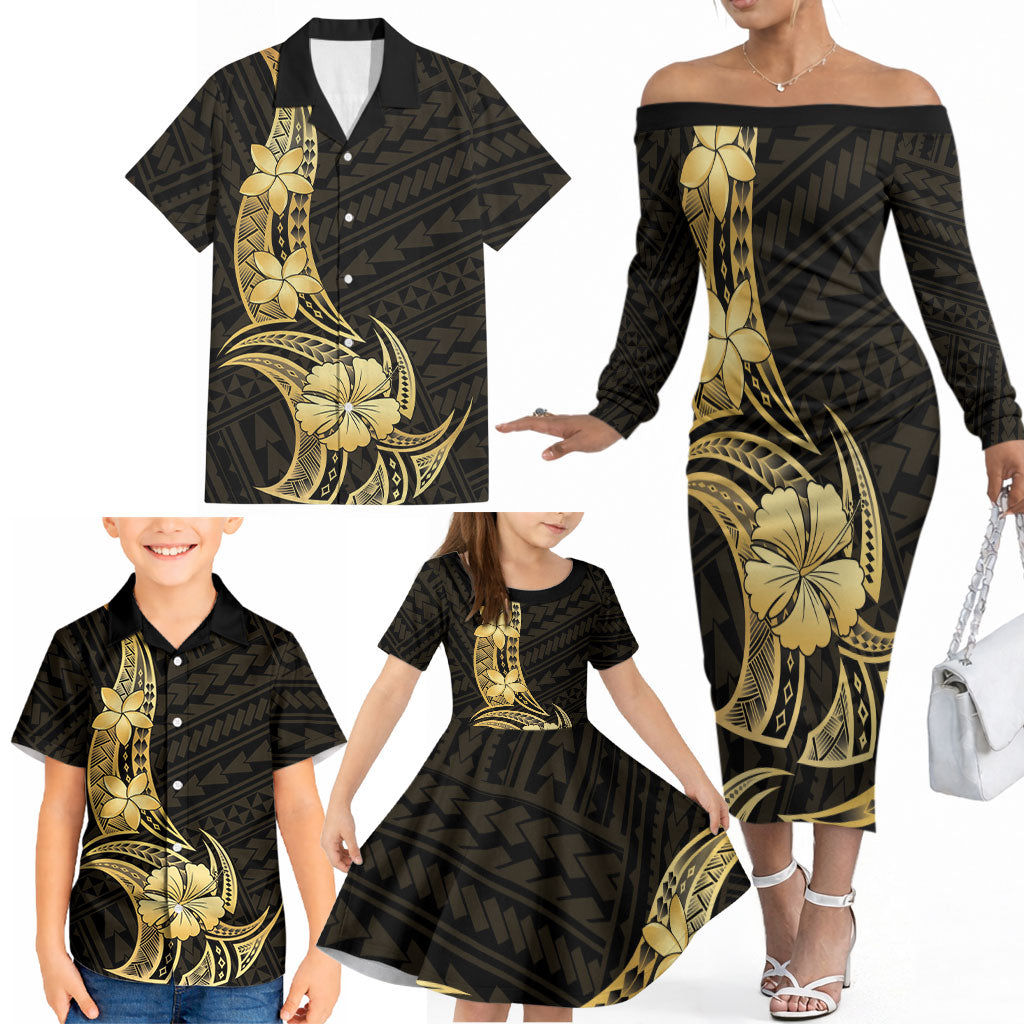 Gold Black Polynesia Hibiscus Plumeria Tattoo Family Matching Off The Shoulder Long Sleeve Dress and Hawaiian Shirt
