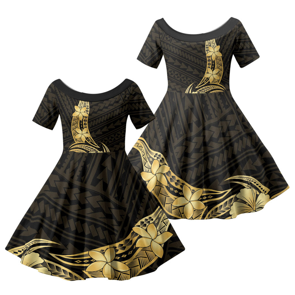 Gold Black Polynesia Hibiscus Plumeria Tattoo Family Matching Off The Shoulder Long Sleeve Dress and Hawaiian Shirt
