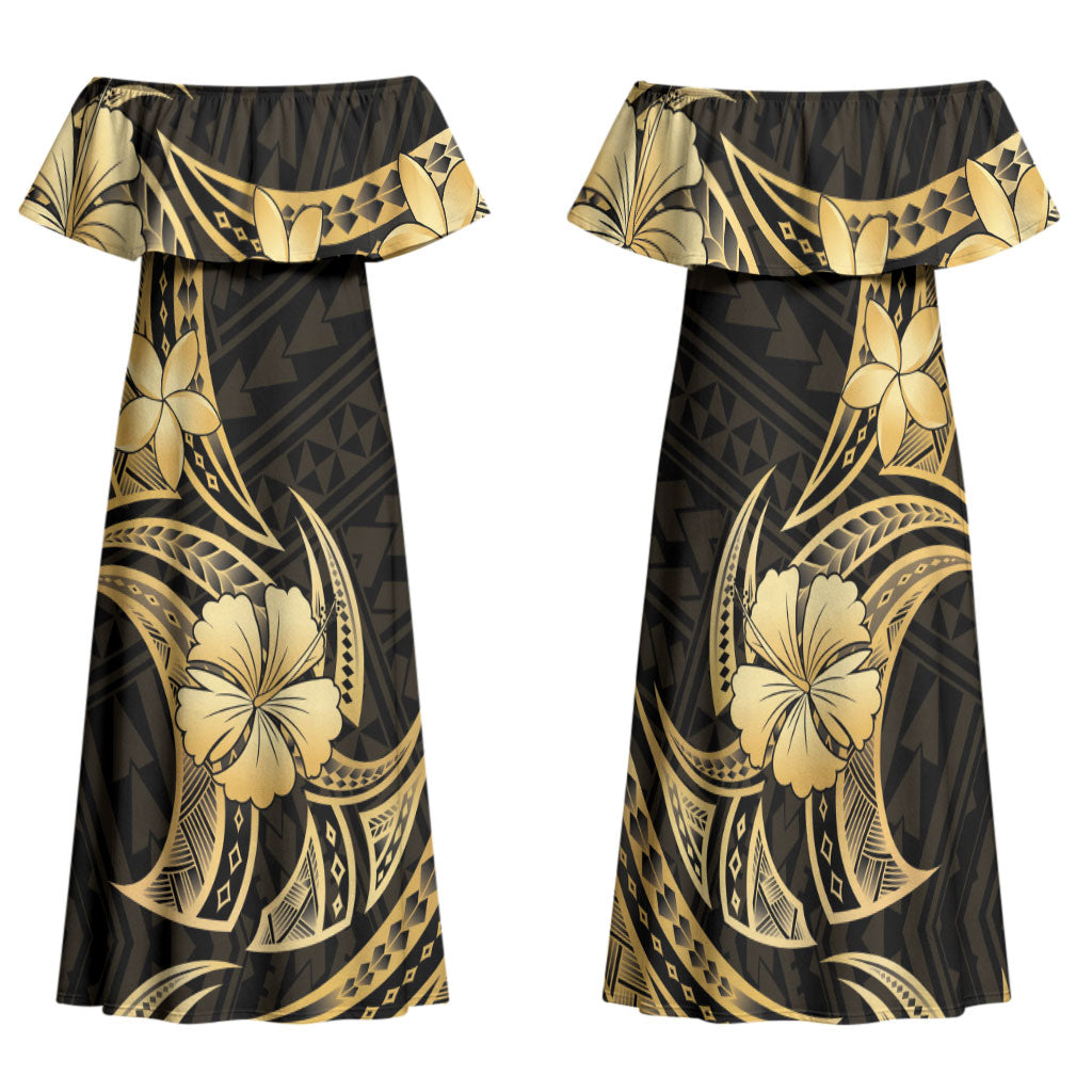 Gold Black Polynesia Hibiscus Plumeria Tattoo Family Matching Off Shoulder Maxi Dress and Hawaiian Shirt