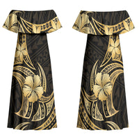 Gold Black Polynesia Hibiscus Plumeria Tattoo Family Matching Off Shoulder Maxi Dress and Hawaiian Shirt