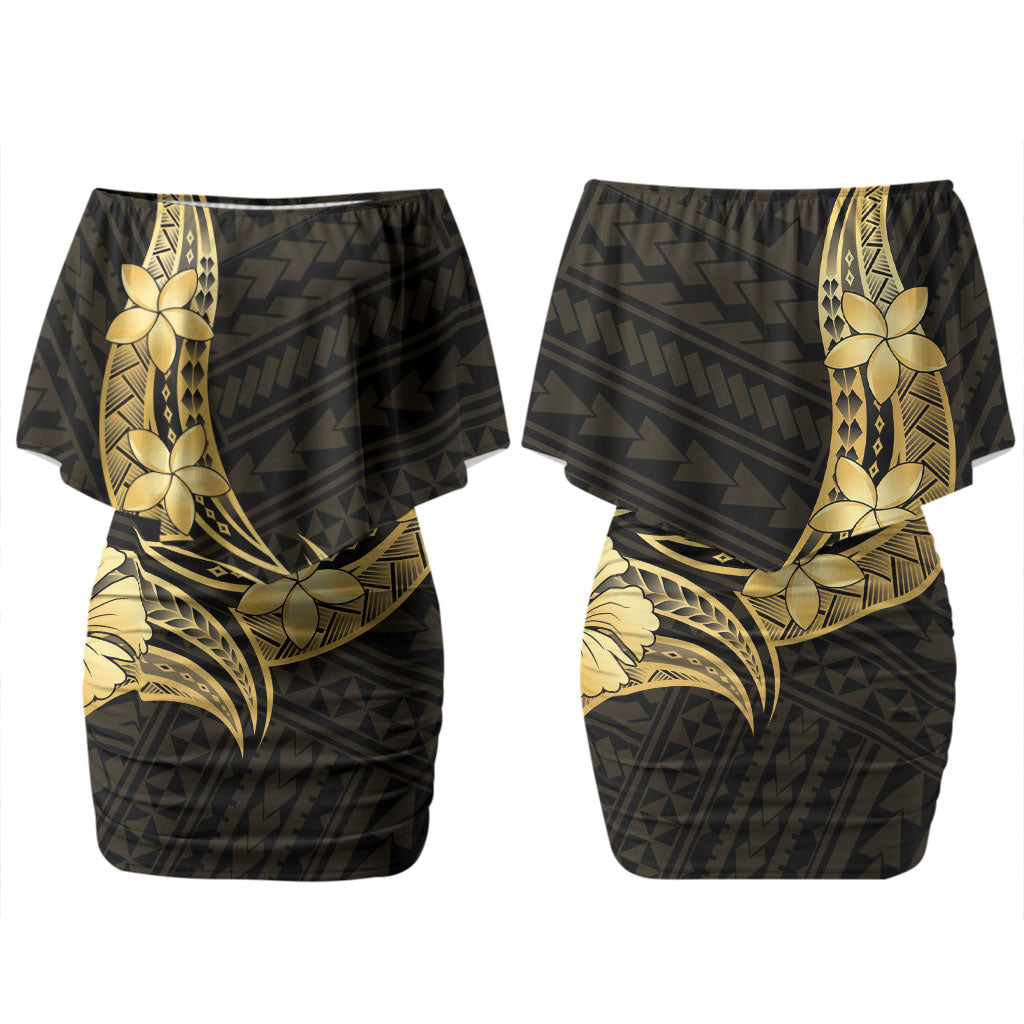 Gold Black Polynesia Hibiscus Plumeria Tattoo Family Matching Off Shoulder Short Dress and Hawaiian Shirt