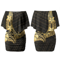 Gold Black Polynesia Hibiscus Plumeria Tattoo Family Matching Off Shoulder Short Dress and Hawaiian Shirt