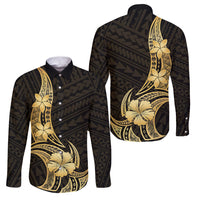 Gold Black Polynesia Hibiscus Plumeria Tattoo Family Matching Off Shoulder Short Dress and Hawaiian Shirt