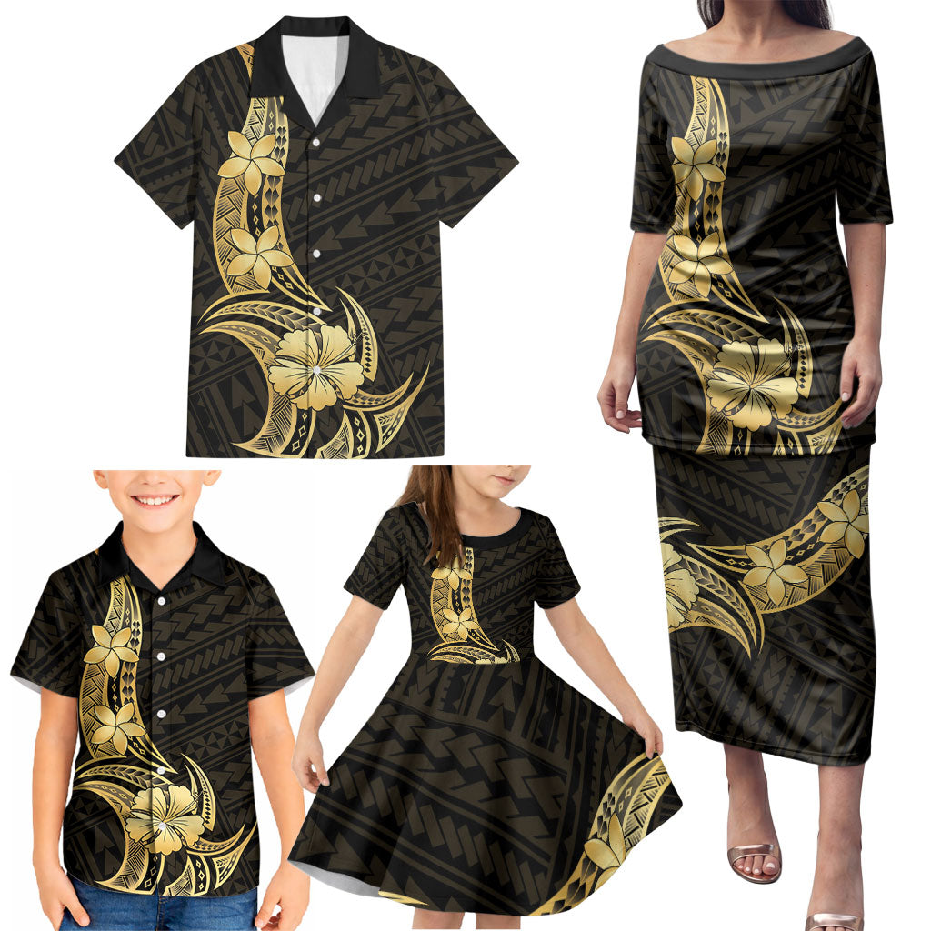 Gold Black Polynesia Hibiscus Plumeria Tattoo Family Matching Puletasi and Hawaiian Shirt LT14 - Polynesian Pride