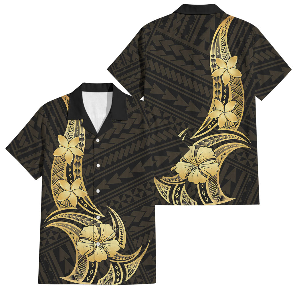 Gold Black Polynesia Hibiscus Plumeria Tattoo Family Matching Short Sleeve Bodycon Dress and Hawaiian Shirt