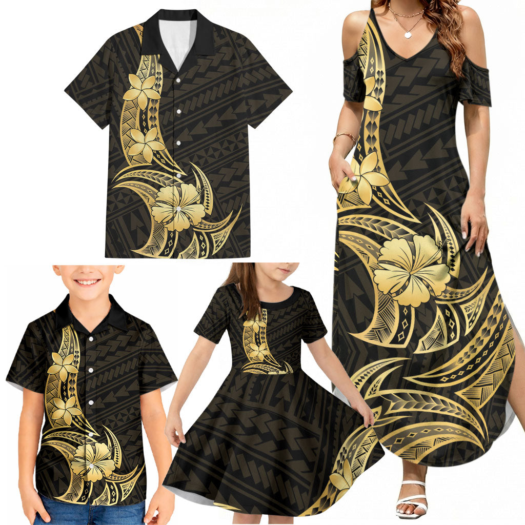 Gold Black Polynesia Hibiscus Plumeria Tattoo Family Matching Summer Maxi Dress and Hawaiian Shirt