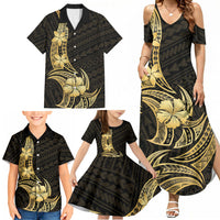 Gold Black Polynesia Hibiscus Plumeria Tattoo Family Matching Summer Maxi Dress and Hawaiian Shirt