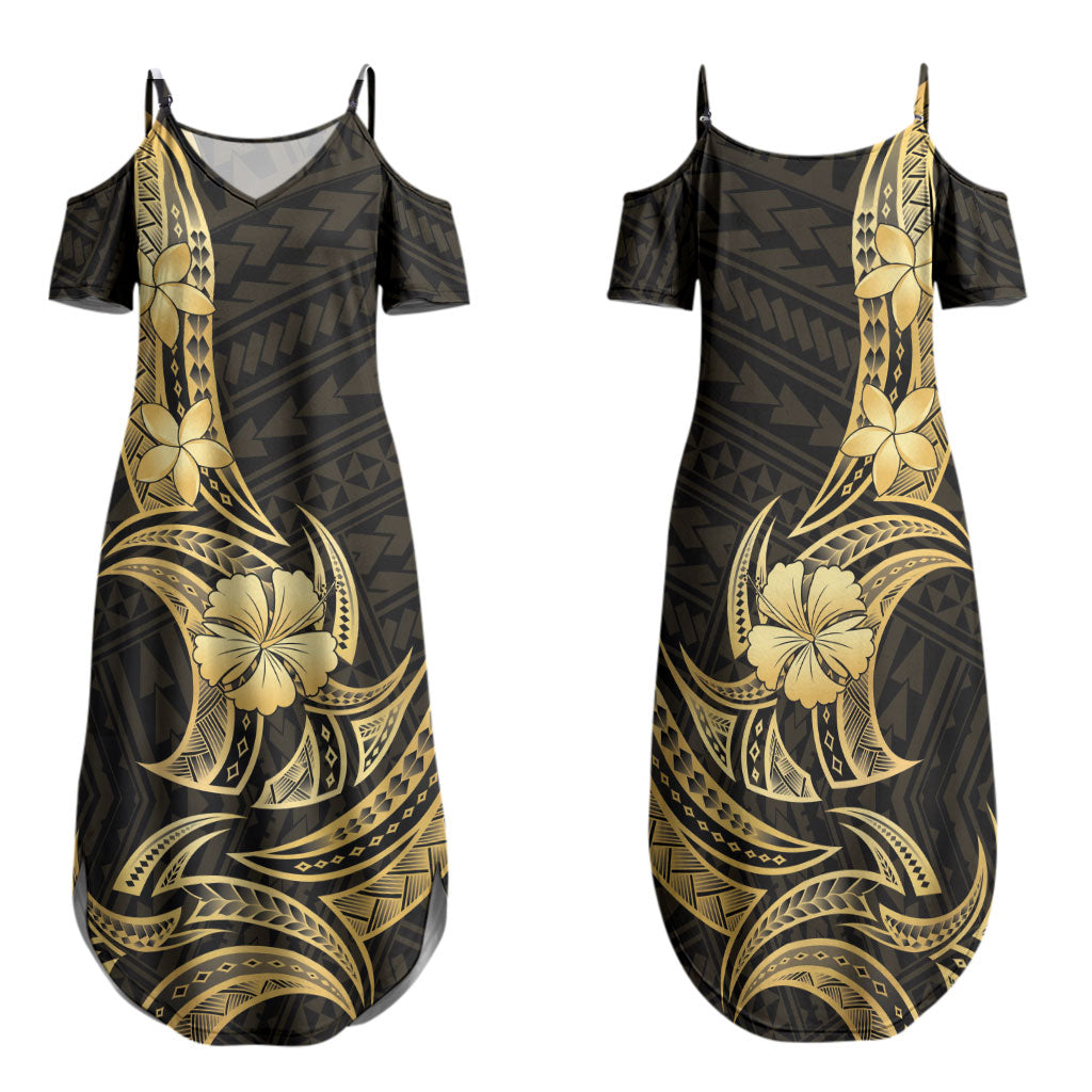 Gold Black Polynesia Hibiscus Plumeria Tattoo Family Matching Summer Maxi Dress and Hawaiian Shirt