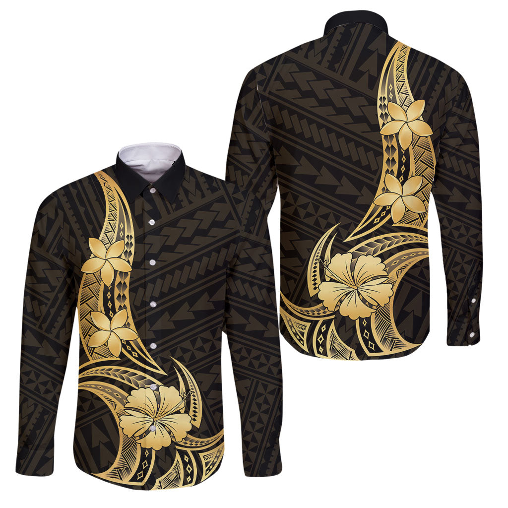 Gold Black Polynesia Hibiscus Plumeria Tattoo Family Matching Summer Maxi Dress and Hawaiian Shirt