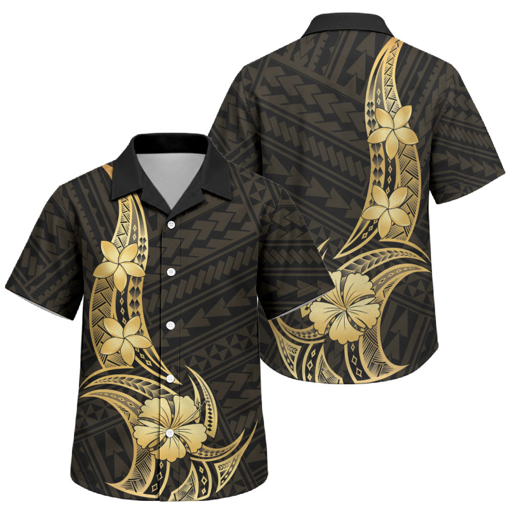 Gold Black Polynesia Hibiscus Plumeria Tattoo Family Matching Summer Maxi Dress and Hawaiian Shirt