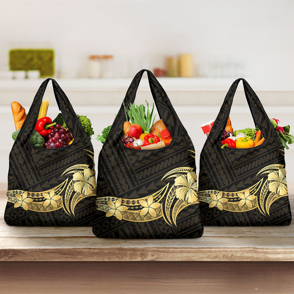 Gold Black Polynesia Hibiscus Plumeria Tattoo Grocery Bag