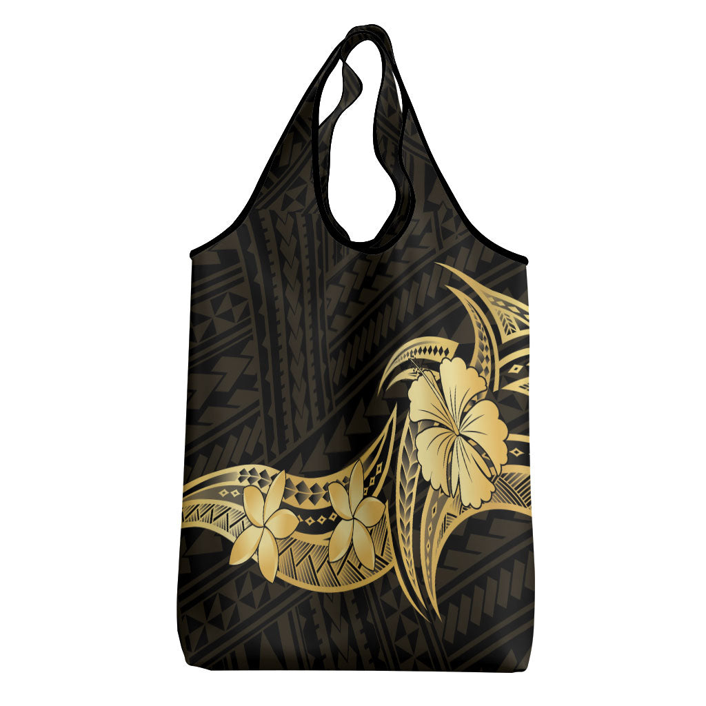 Gold Black Polynesia Hibiscus Plumeria Tattoo Grocery Bag