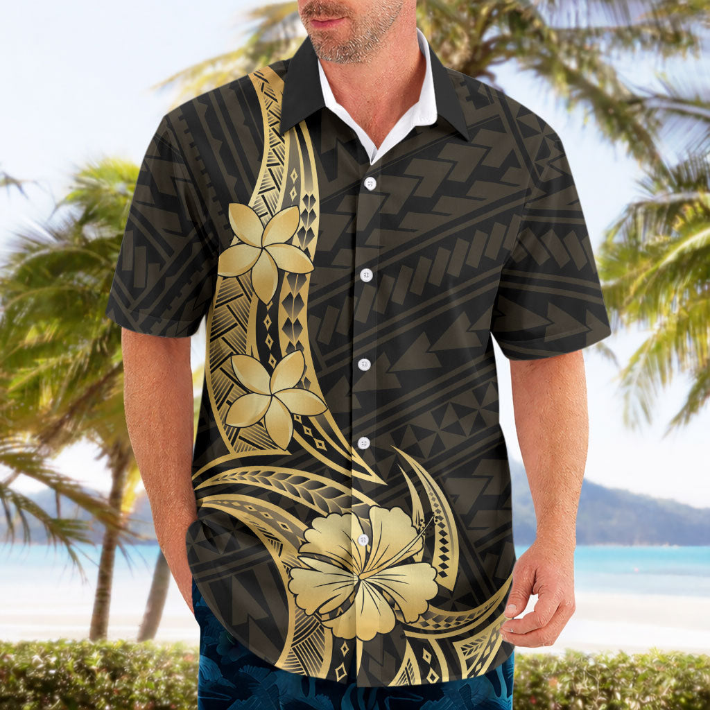 Gold Black Polynesia Hibiscus Plumeria Tattoo Hawaiian Shirt