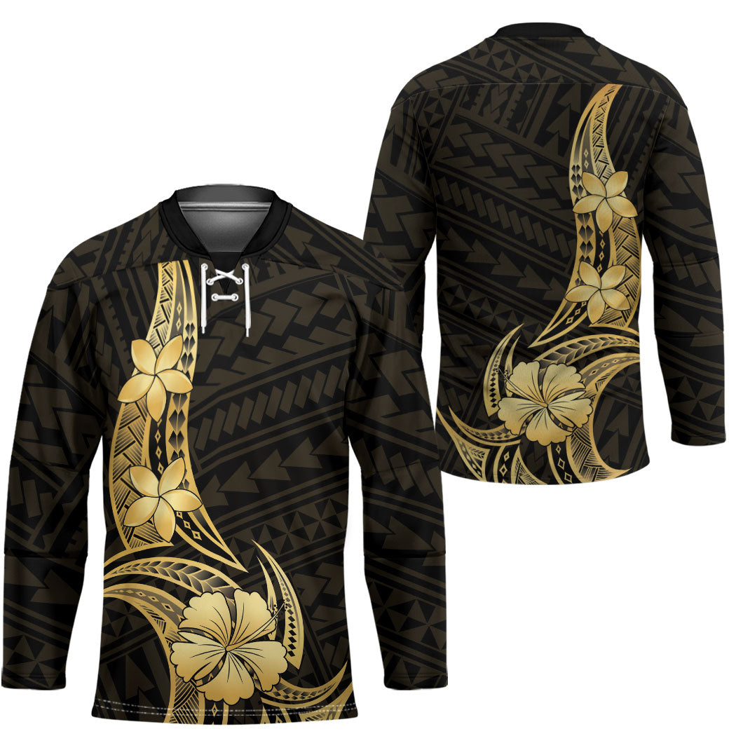 Gold Black Polynesia Hibiscus Plumeria Tattoo Hockey Jersey