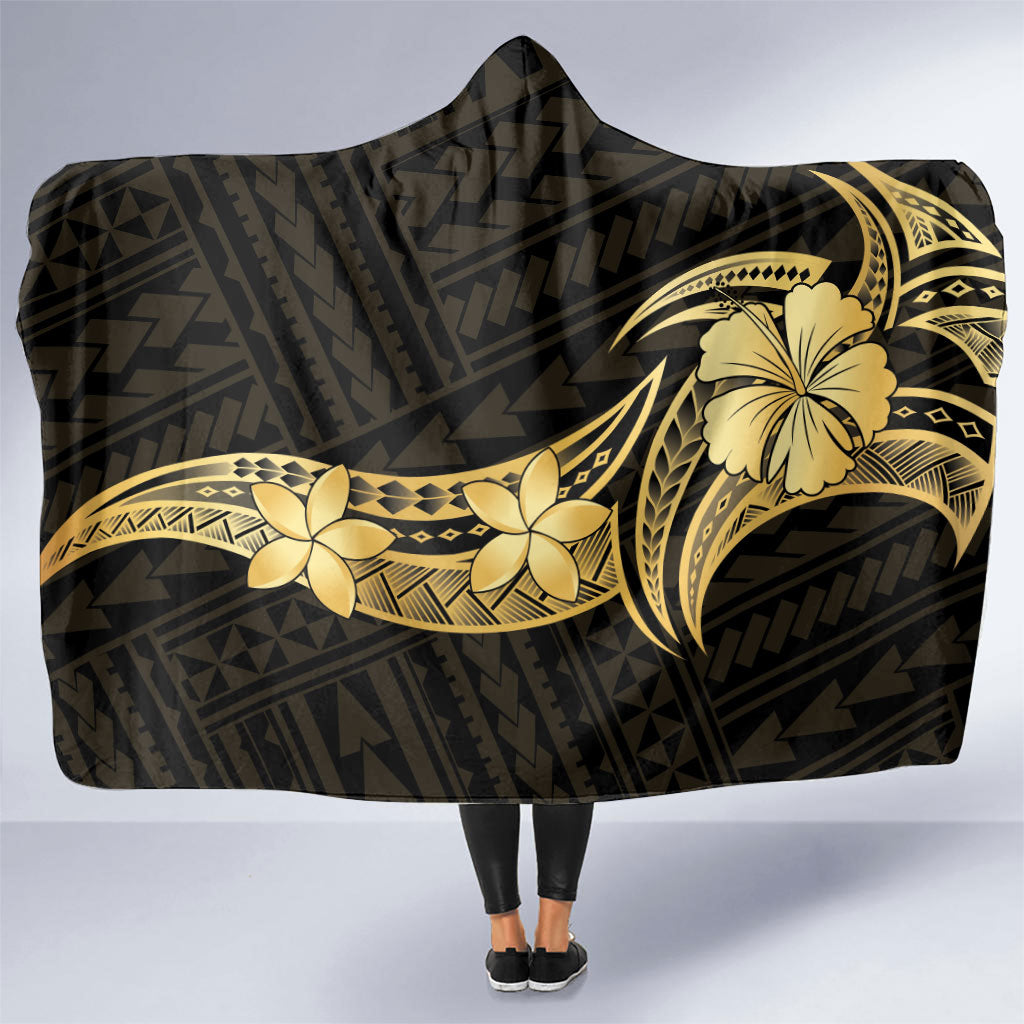 Gold Black Polynesia Hibiscus Plumeria Tattoo Hooded Blanket
