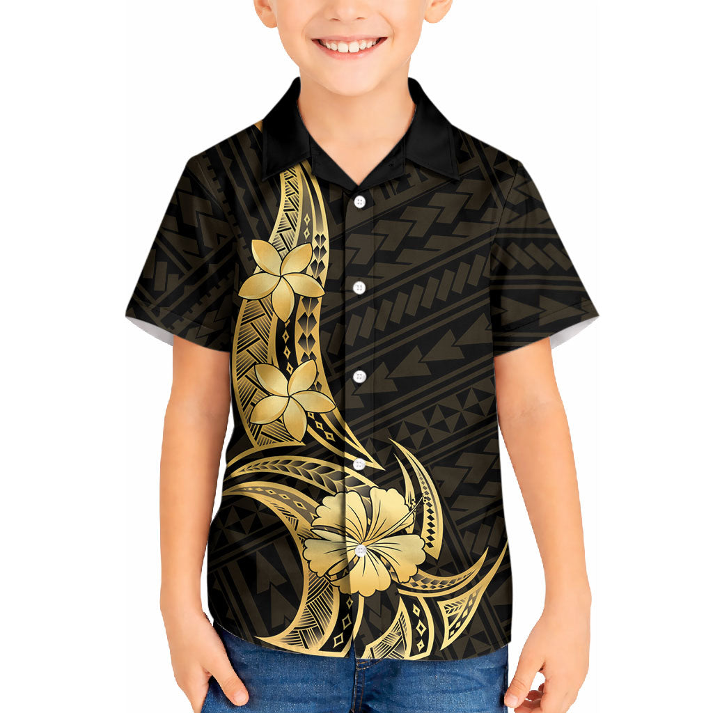 Gold Black Polynesia Hibiscus Plumeria Tattoo Kid Hawaiian Shirt
