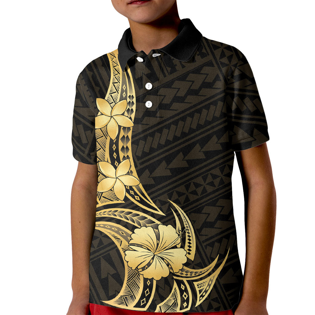 Gold Black Polynesia Hibiscus Plumeria Tattoo Kid Polo Shirt