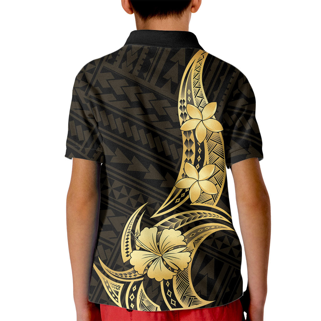 Gold Black Polynesia Hibiscus Plumeria Tattoo Kid Polo Shirt