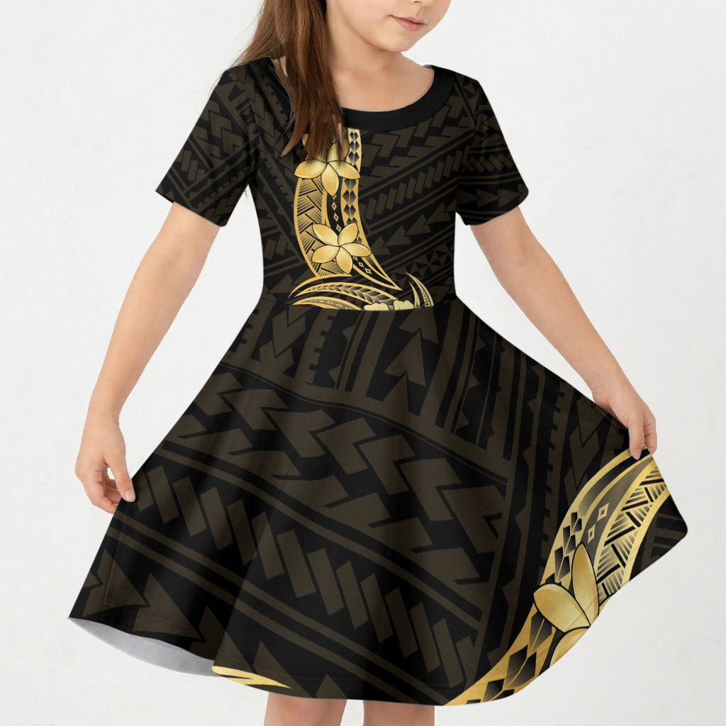 Gold Black Polynesia Hibiscus Plumeria Tattoo Kid Short Sleeve Dress LT14 KID Black - Polynesian Pride